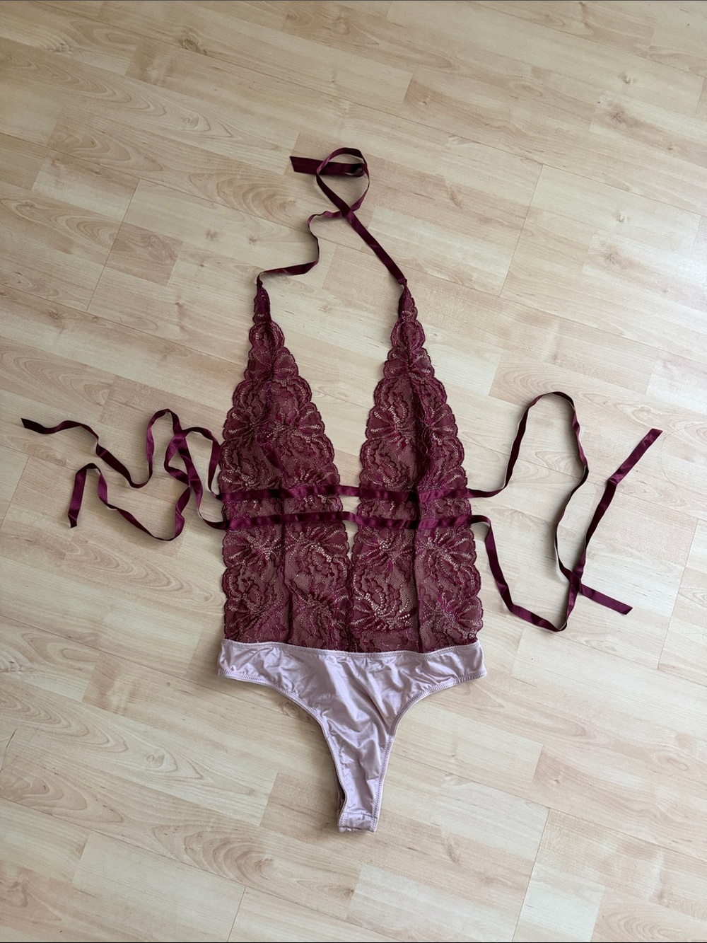 Lace Halter Teddy Bodysuit in Wine and Blush
